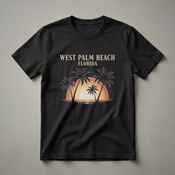 Black t-shirt with a retro graphic design of a sunset over the ocean, featuring silhouetted palm trees and the text 'WEST PALM BEACH FLORIDA' in vintage lettering.