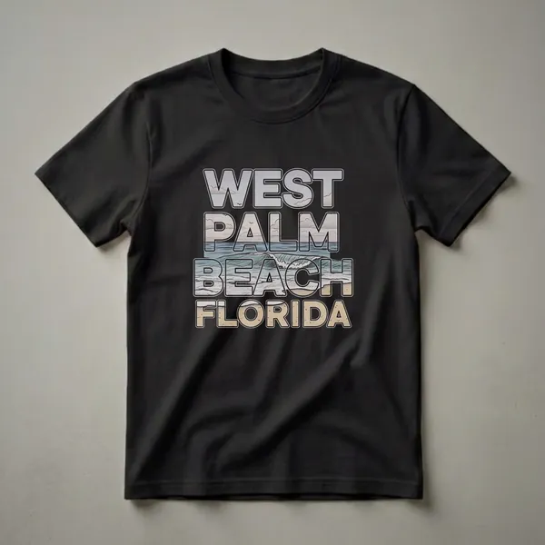 Black t-shirt with retro text 'WEST PALM BEACH FLORIDA' overlaying a stylized depiction of ocean waves, clouds, and sandy beach.