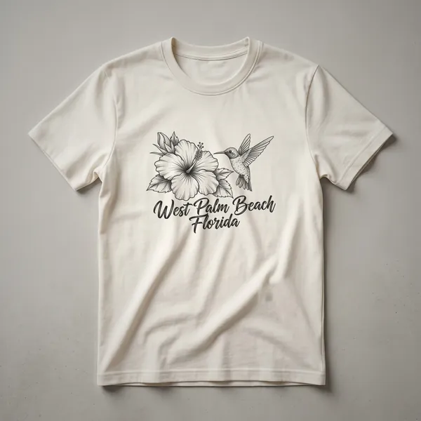 Black t-shirt with a line art sketch of a hibiscus flower and a hummingbird, with the words 'West Palm Beach Florida' in script below.
