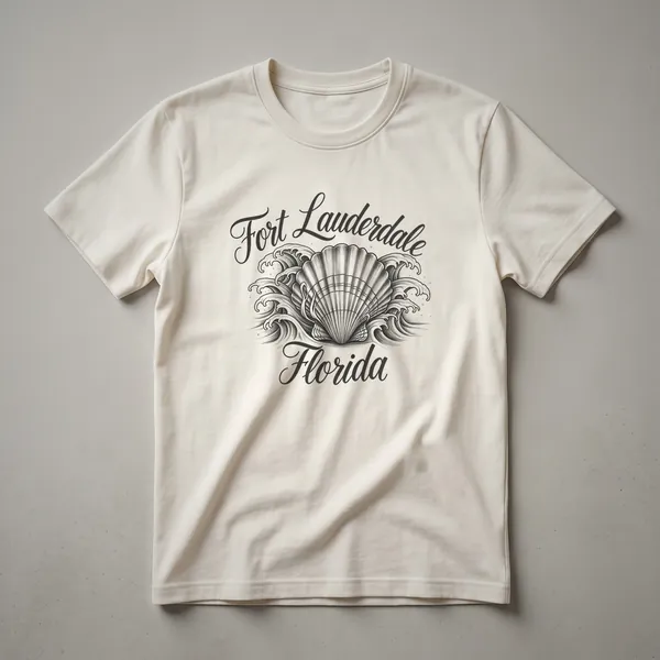 Black graphic t-shirt with a sketch art design of a seashell surrounded by waves, with 'Fort Lauderdale' and 'Florida' in script.