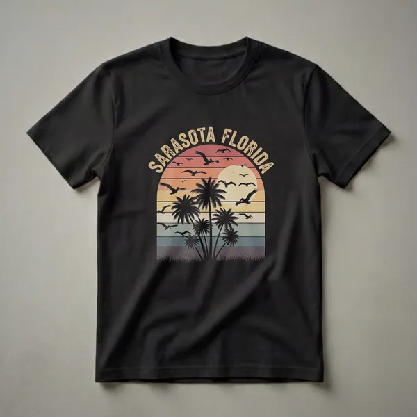 Black t-shirt with a retro Sarasota Florida sunset graphic featuring palm trees, pelicans, and horizontal stripes in warm colors.