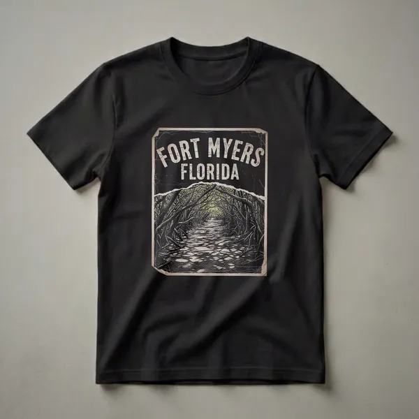Black t-shirt with a distressed graphic design that reads 'FORT MYERS FLORIDA' above a pathway through a dark, dense mangrove forest with dappled sunlight.