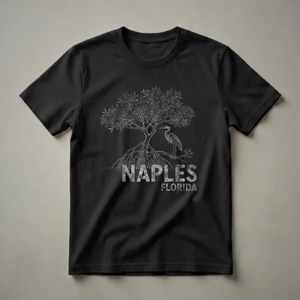 Black t-shirt with a vintage sketch-style graphic of a mangrove tree with a heron perched on a branch, and the text 'NAPLES FLORIDA' below.