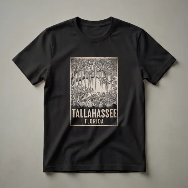 A black graphic t-shirt featuring a retro sketch of Tallahassee, Florida, with live oak trees, Spanish moss, palmetto fronds, and distressed text.