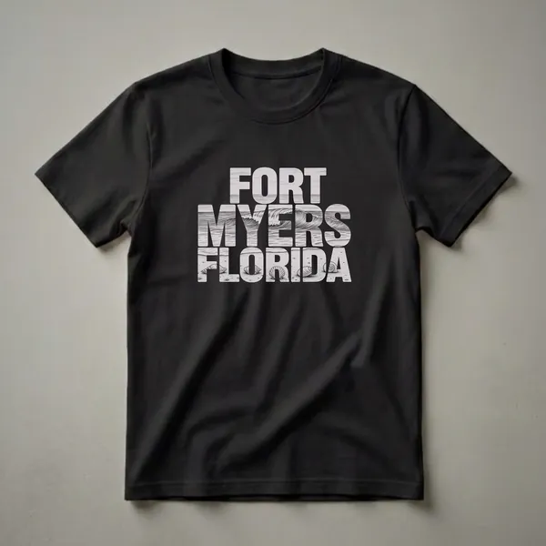Black t-shirt with white text art that reads "FORT MYERS FLORIDA" filled with pencil sketches of ocean waves, sand, and seashells.