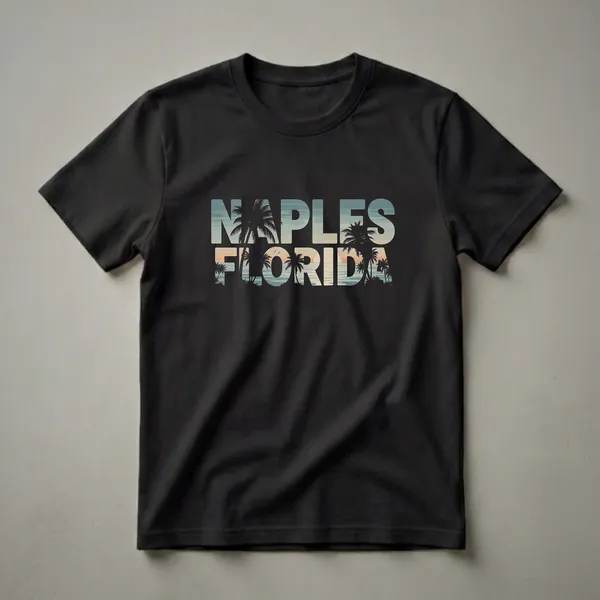 Black t-shirt with 'NAPLES FLORIDA' text filled with a retro sunset scene featuring palm trees, ocean waves, and a soft sky.