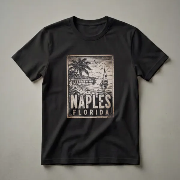 A vintage graphic t-shirt design featuring a black and white illustration of Naples, Florida's beach with palm trees, a pier, a sailboat, and the text 'NAPLES FLORIDA'.