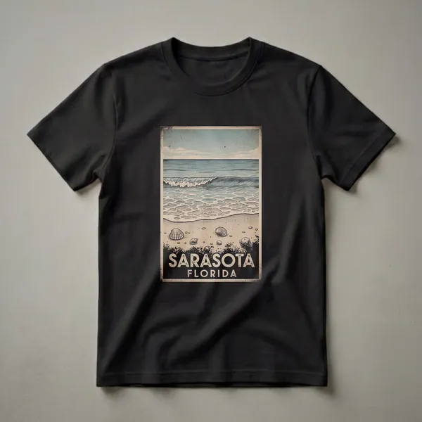 A vintage-style graphic t-shirt featuring a beach scene with waves, seashells, and the text 'Sarasota Florida' in a distressed font.