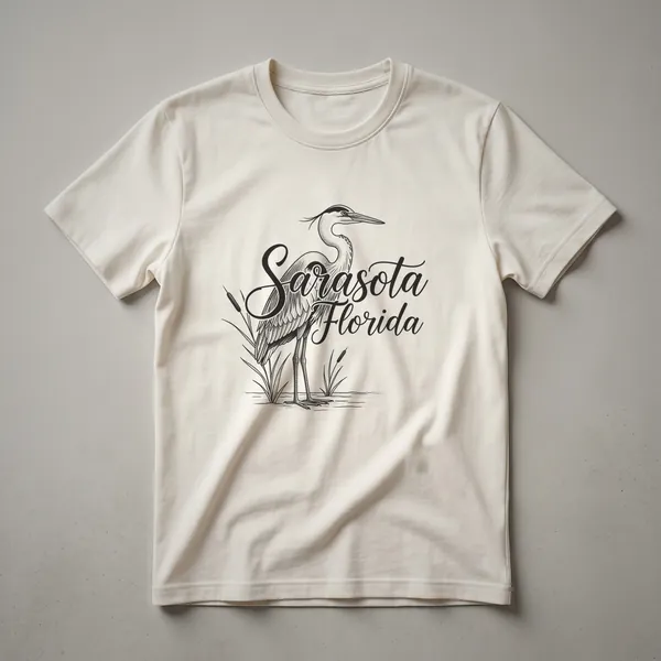 Black graphic t-shirt featuring a sketch of a heron standing in reeds with 'Sarasota Florida' written in script.