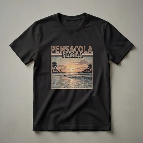 Black t-shirt featuring a retro graphic of a Pensacola, Florida beach sunset with palm trees and ocean waves.