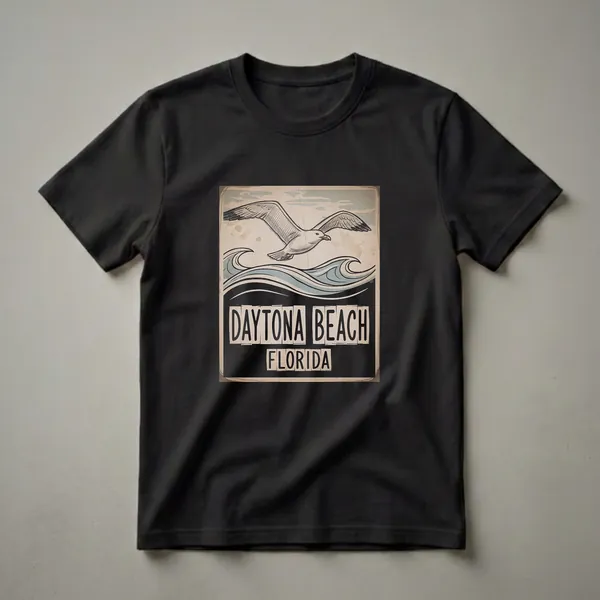 A retro graphic t-shirt design featuring a black and white sketch of a seagull flying over stylized blue and white ocean waves, with "DAYTONA BEACH FLORIDA" text below.