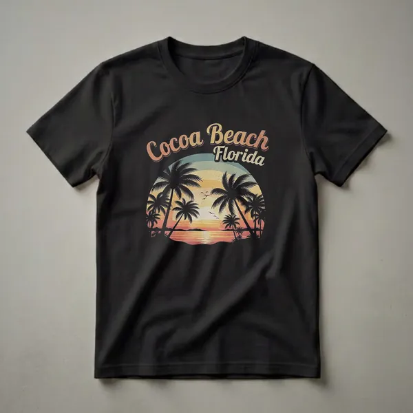 Black t-shirt with a retro graphic design of a sunset over the ocean at Cocoa Beach, Florida, featuring silhouetted palm trees and birds in flight.