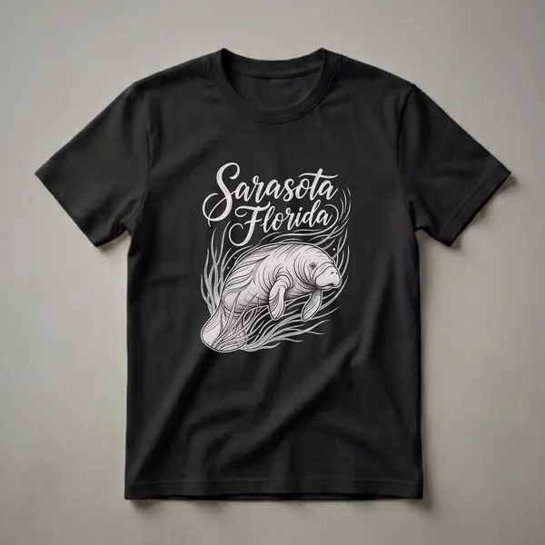 Black t-shirt with a vintage-style illustration of a manatee swimming through seagrass, with 'Sarasota Florida' written in script above.