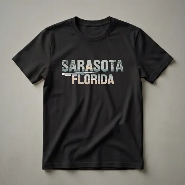 Black t-shirt with 'SARASOTA FLORIDA' in large letters, filled with a retro beach sunset scene featuring palm trees, ocean waves, and a sandy shore.