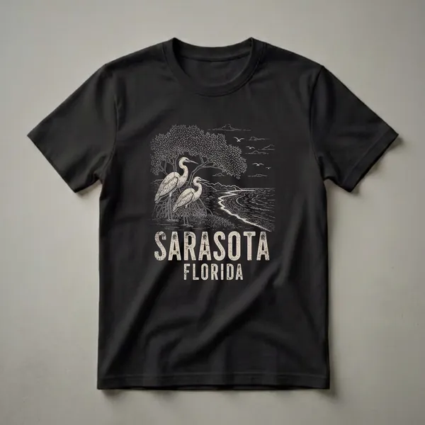Black t-shirt with a vintage-style linocut illustration of two egrets in marsh grass, a mangrove tree, and a coastal landscape, with 'SARASOTA FLORIDA' text below.