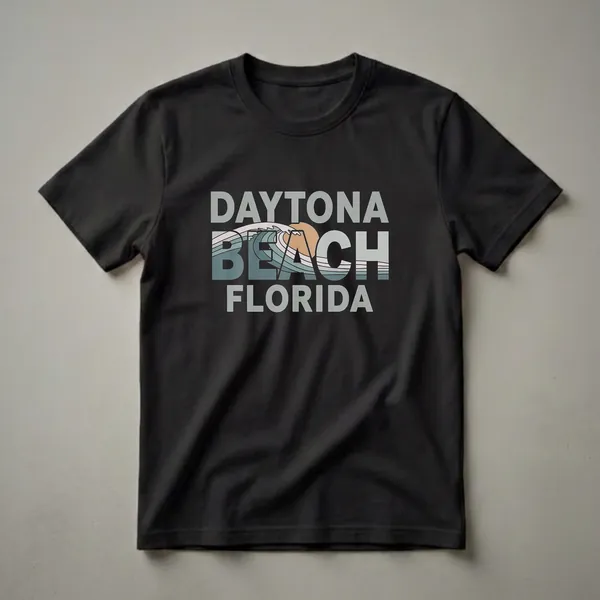 Black t-shirt with retro graphic design featuring the words "DAYTONA BEACH FLORIDA" over a stylized wave and sun.