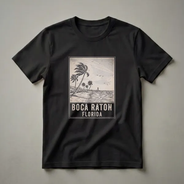 A vintage graphic t-shirt featuring a beach scene in Boca Raton, Florida, with palm trees, a lighthouse, and the ocean.