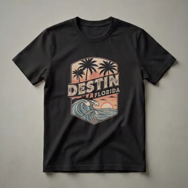 Black graphic t-shirt featuring a retro Destin, Florida design with palm trees, a sunset, and ocean waves.