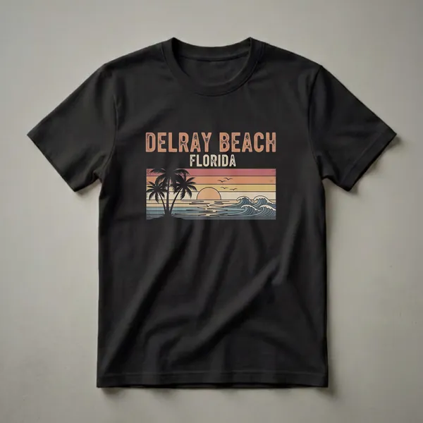 Black t-shirt featuring a retro sunset beach scene with palm trees and waves, with 'DELRAY BEACH FLORIDA' text in a distressed vintage font.