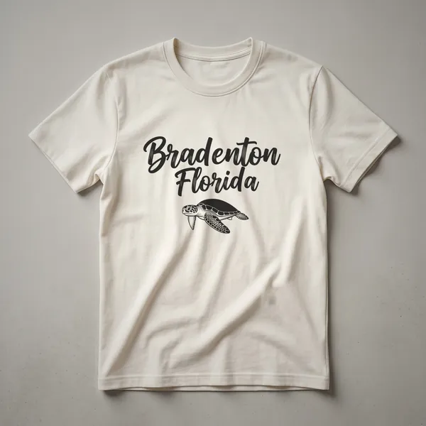 Black graphic t-shirt featuring the words "Bradenton Florida" in script font above a line drawing of a sea turtle.