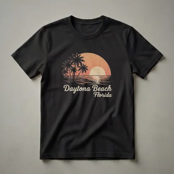 Black t-shirt featuring a retro graphic of palm trees silhouetted against a cracked orange and beige sunset over wavy water, with 'Daytona Beach Florida' text below.