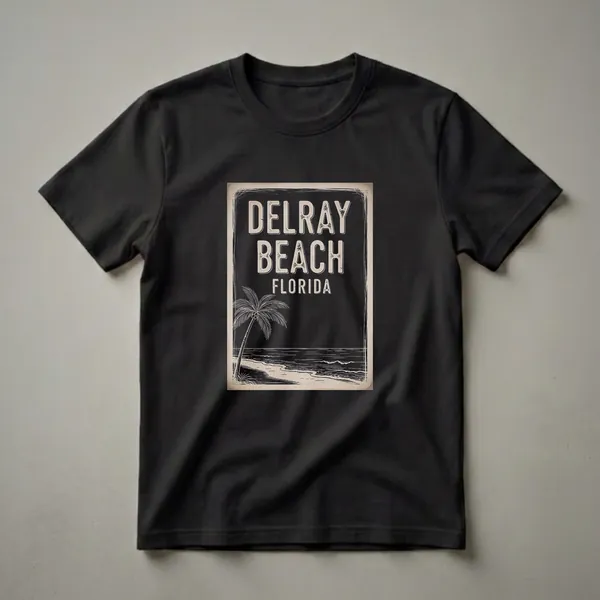 Black t-shirt with vintage Delray Beach Florida graphic art featuring a palm tree, ocean waves, and distressed text.
