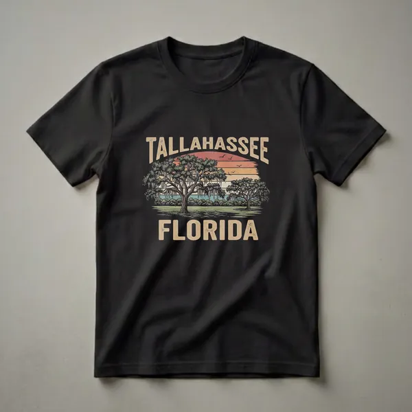 Black t-shirt with a retro graphic design of two large live oak trees with Spanish moss against a striped sunset background, with the words TALLAHASSEE and FLORIDA in distressed lettering.