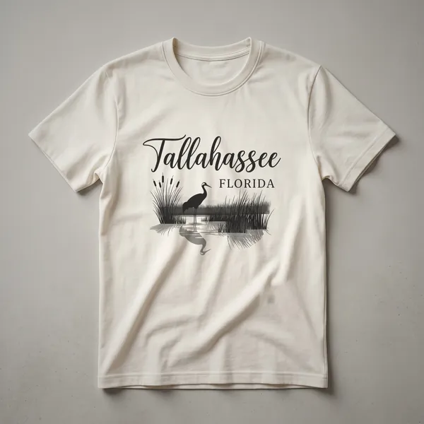 Black silhouette graphic on a t-shirt depicting a wading bird in a marsh with cattails and tall grass, with 'Tallahassee FLORIDA' text above.
