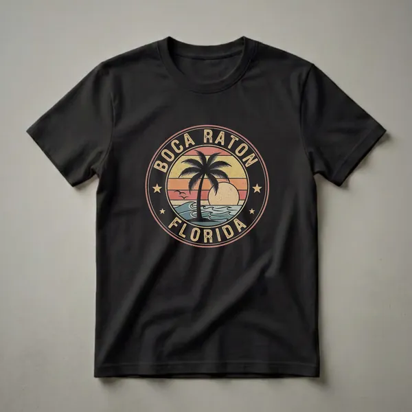 Black t-shirt featuring a circular retro graphic of Boca Raton, Florida, with a sunset, palm tree, ocean waves, and seagulls.