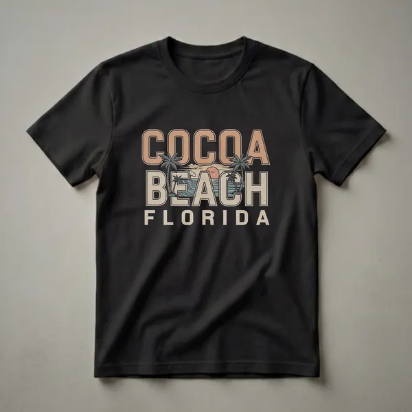 Black t-shirt featuring a retro graphic design with 'Cocoa Beach Florida' text, a sunset, ocean waves, and palm trees.