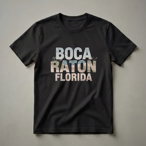 Black t-shirt with large white distressed text reading 'BOCA RATON FLORIDA', filled with a beach scene of sand dunes, sea grass, and blue water.