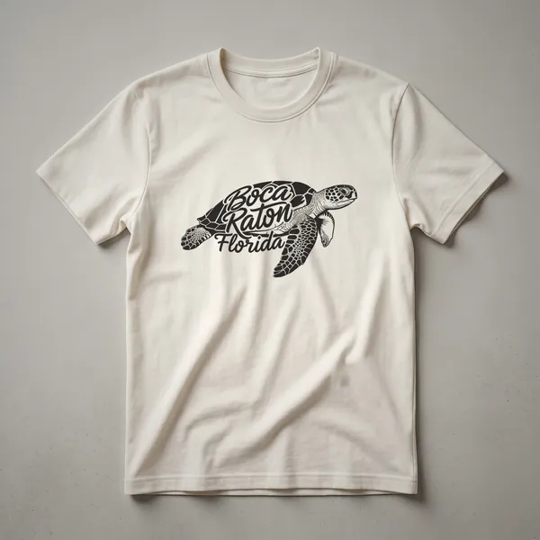 Black graphic t-shirt featuring a stylized sea turtle with the words 'Boca Raton Florida' integrated into its shell and body.