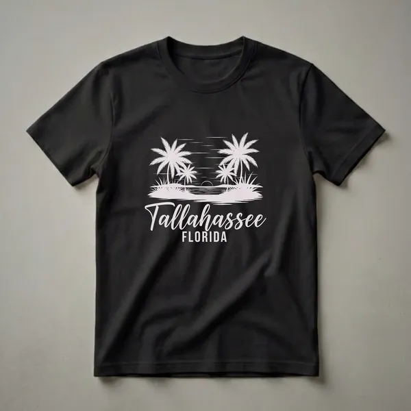 Black t-shirt with a light grey graphic depicting a tropical sunset over water, framed by palm trees and beach grass, with 'Tallahassee FLORIDA' text below.