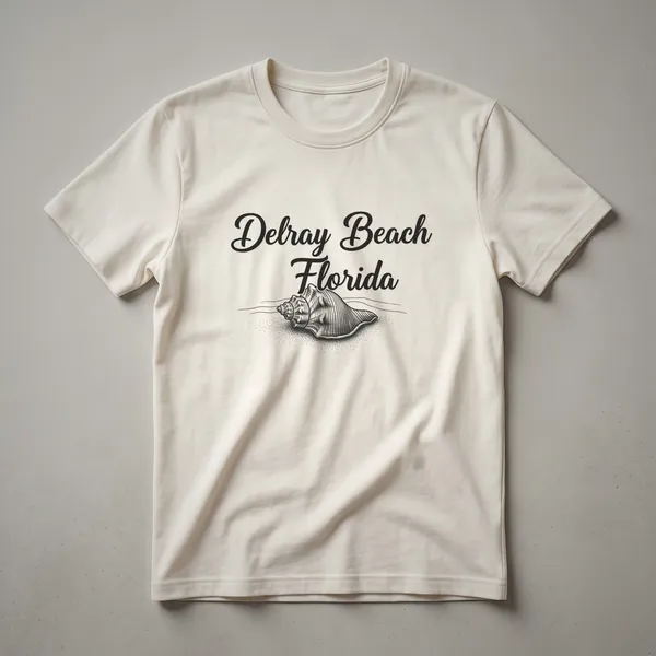 A black graphic t-shirt featuring the words 'Delray Beach Florida' in script font above a line art illustration of a conch shell on sand with wavy lines.