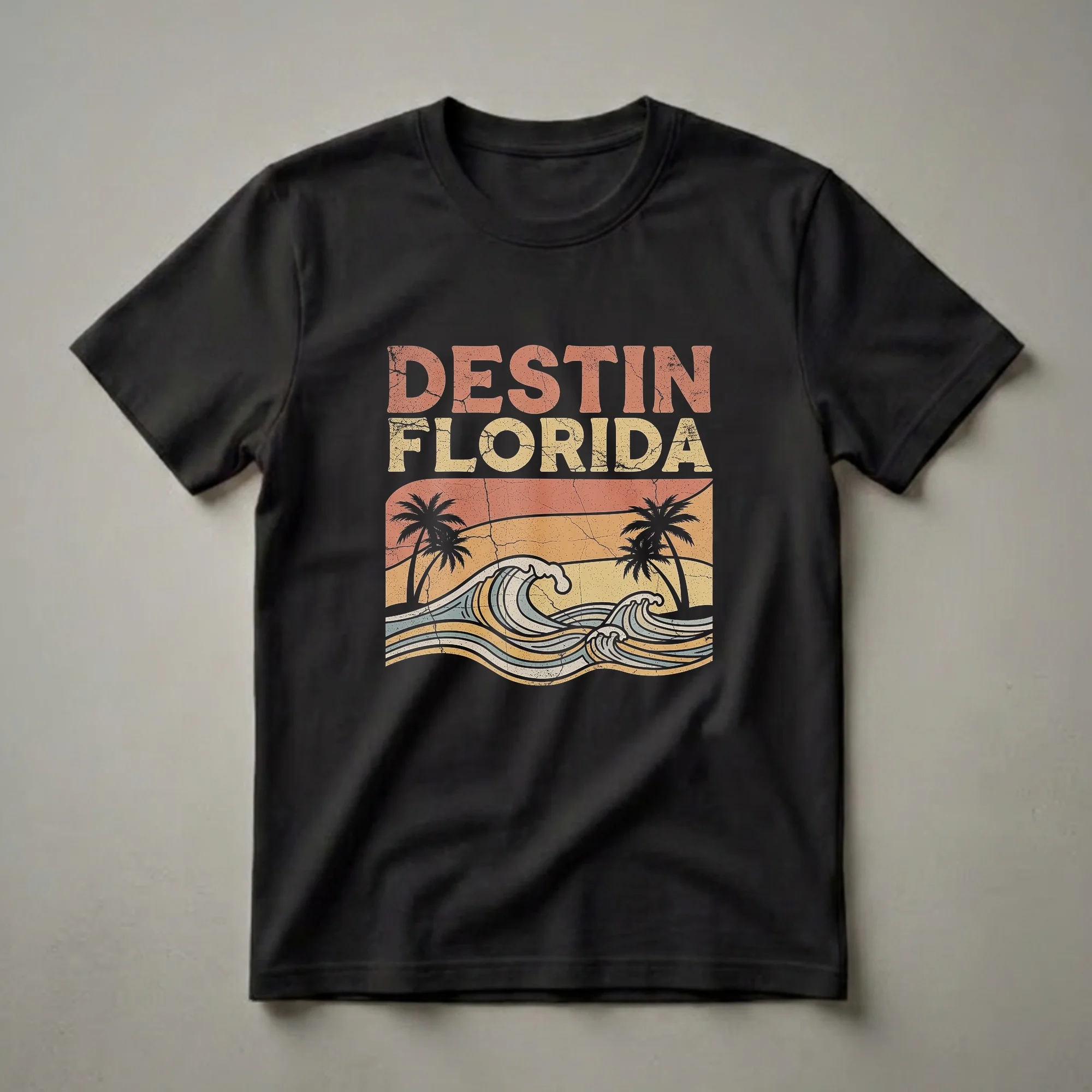 Black t-shirt with a retro graphic design featuring the words 'DESTIN FLORIDA' in distressed, cracked lettering above a stylized sunset with palm trees and crashing waves.