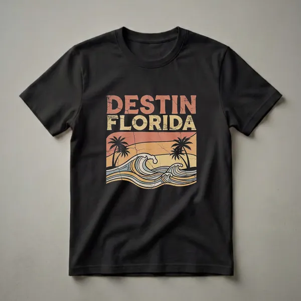 Black t-shirt with a retro graphic design featuring the words 'DESTIN FLORIDA' in distressed, cracked lettering above a stylized sunset with palm trees and crashing waves.