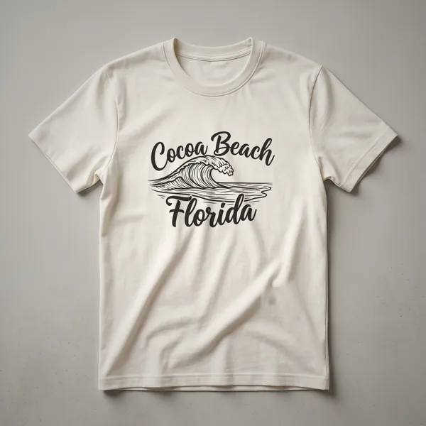 Black graphic t-shirt featuring a stylized ocean wave with the words 'Cocoa Beach Florida' in script font.