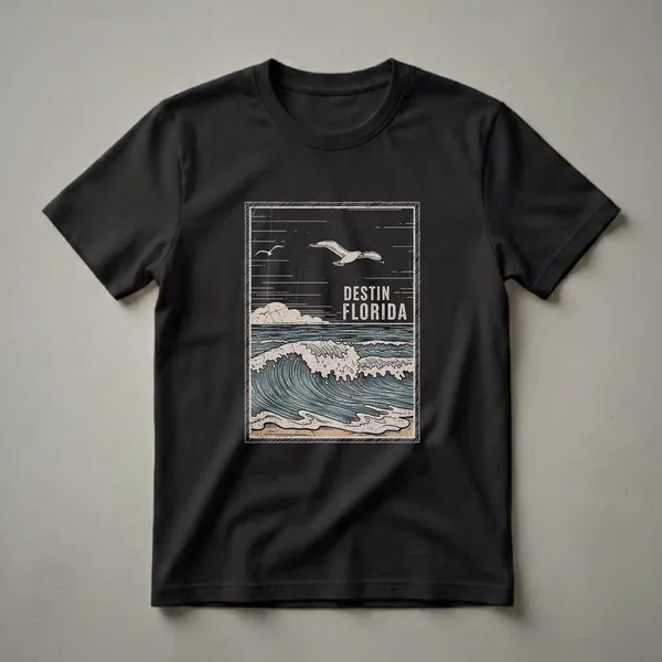 Black graphic t-shirt featuring a vintage Destin, Florida beach scene with large ocean waves, two seagulls flying, and the text 'DESTIN FLORIDA' in a distressed font.