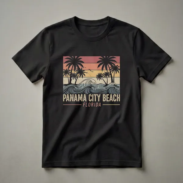 Black t-shirt featuring a retro sunset scene with silhouetted palm trees and stylized ocean waves, with 'PANAMA CITY BEACH FLORIDA' text.