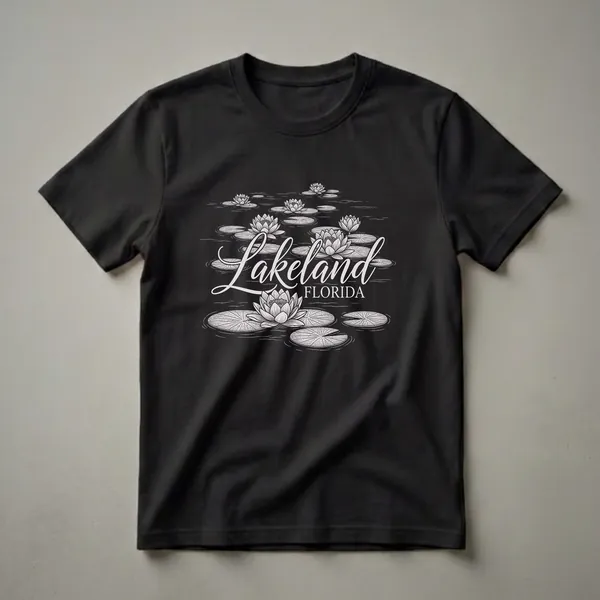 Black t-shirt with a graphic design of white water lilies and lily pads on dark water, with the text "Lakeland Florida" in white script and block letters.