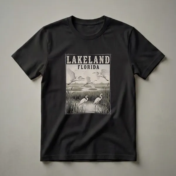 Black graphic t-shirt featuring a vintage illustration of Lakeland, Florida, with great egrets in a wetland habitat surrounded by reeds and cattails.