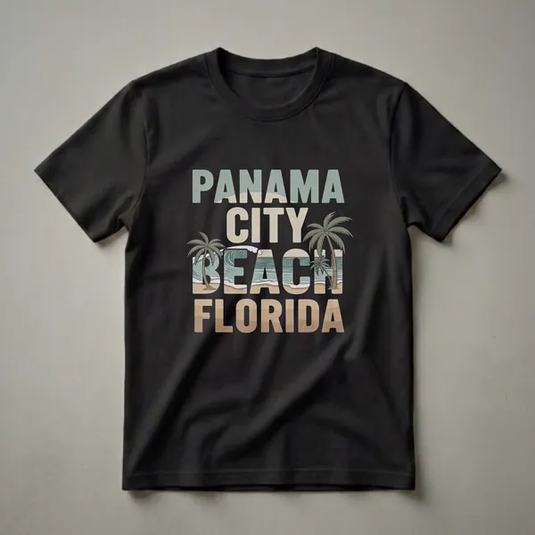 Black t-shirt with retro graphic text reading 'PANAMA CITY BEACH FLORIDA' featuring a stylized ocean wave, sandy beach, and palm trees.