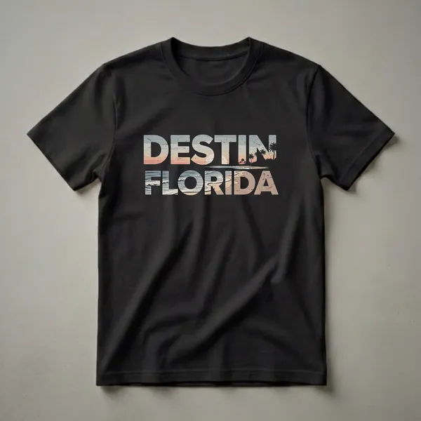 Black t-shirt with 'DESTIN FLORIDA' in large letters, filled with a retro sunset beach scene featuring palm trees and ocean waves.