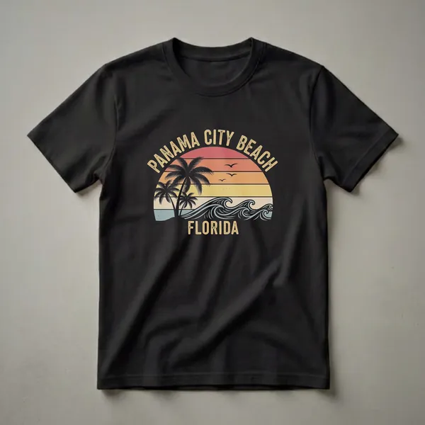Black t-shirt with a retro graphic design featuring a sunset, palm trees, and ocean waves, with the text "PANAMA CITY BEACH FLORIDA" in vintage font.