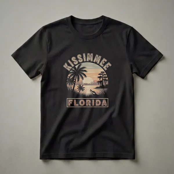 Black t-shirt with a retro graphic design of Kissimmee, Florida, featuring a sunset over water with palm trees, cypress trees, and an alligator.