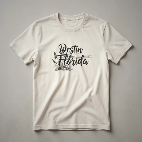 Black graphic t-shirt featuring the words 'Destin Florida' in a script font above a silhouette of dune grass, a beach horizon, and birds.
