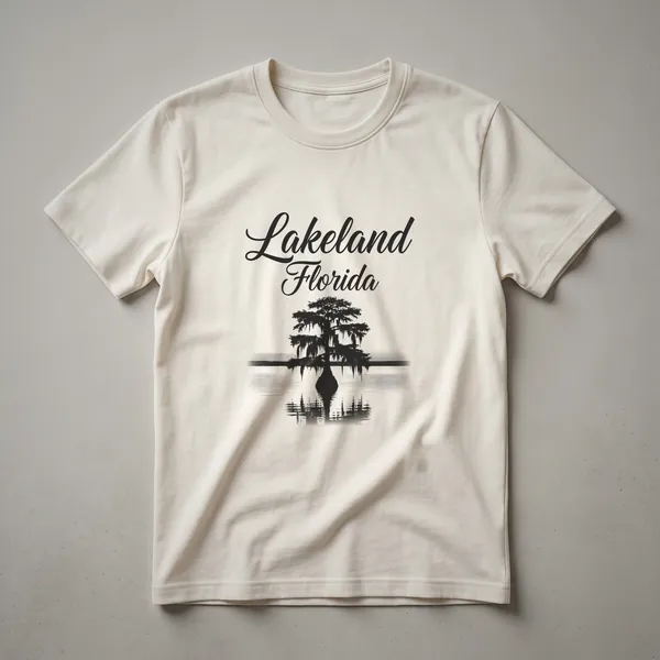 Black silhouette graphic of a cypress tree with Spanish moss reflected in water, with 'Lakeland Florida' text above, on a black t-shirt.