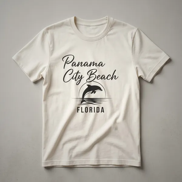 Black graphic t-shirt featuring 'Panama City Beach' in script, a leaping dolphin over waves, and 'FLORIDA' in block letters.