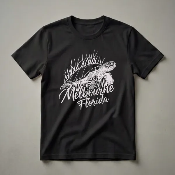 Black t-shirt featuring a white line art graphic of a sea turtle in tall grass with the words 'Melbourne Florida' in a script font below.