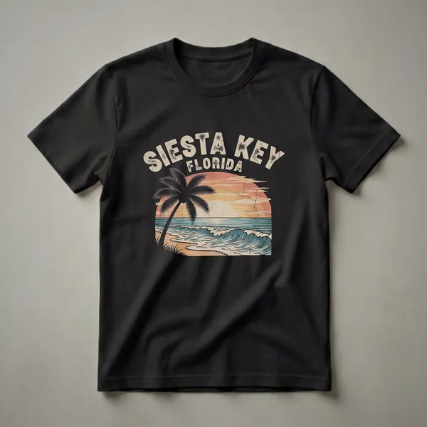 Black t-shirt with a retro graphic of Siesta Key, Florida, featuring a palm tree, beach, ocean waves, and a sunset.